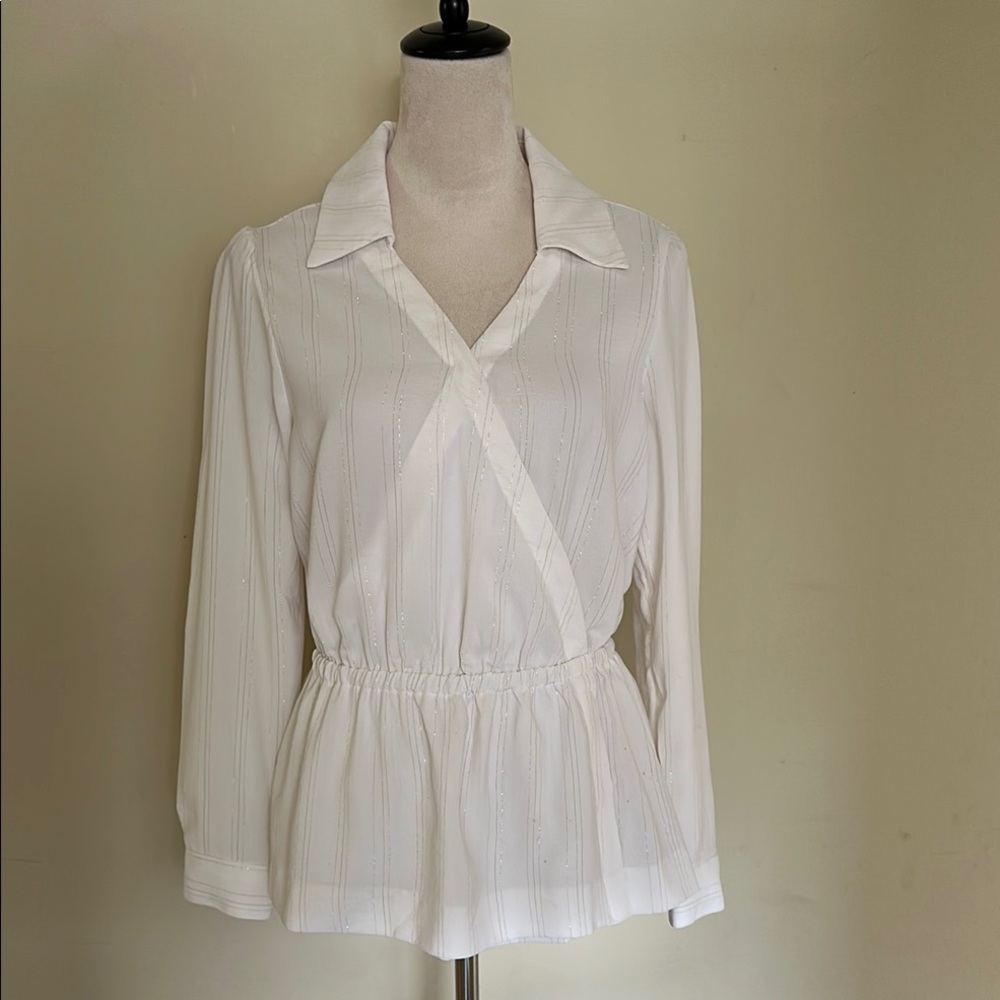Fred David White Peplum Wrap Blouse with Notched Collar